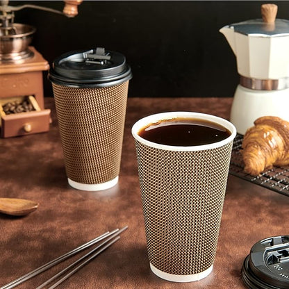 LITOPAK 80 Pack 16 oz Paper Coffee Cups, Insulated Ripple Wall Paper Cups with Lid and Straws, Three Layer Insulated Hot Beverage Cups for Hot Drinks, Coffee Cups for Parties, Picnic, and Travel