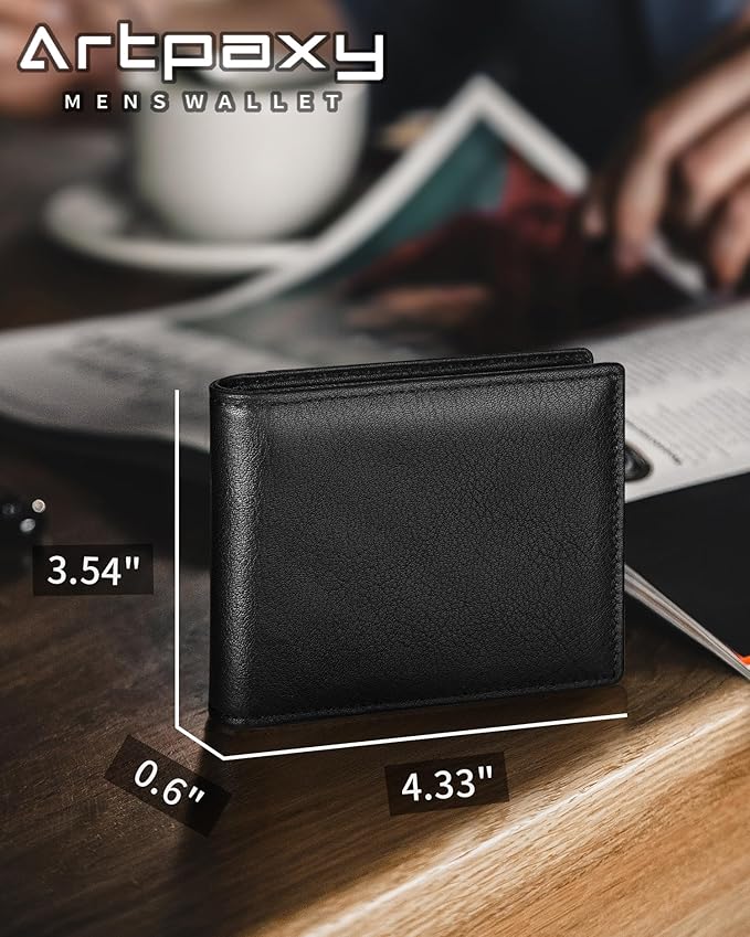 Mens Wallet Bifold Genuine Leather RFID Blocking Wallet for Men with 2 ID Windows 11 Card Holders 2 cash pockets 1 Gift Box