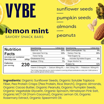 Vybe Snacks Savory Snack Bars – Lemon Mint Flavor | Crunchy & Delicious | Zero-Added Sugar, Gluten-Free, Plant-Based Goodness, Keto-Friendly, No Artificial Ingredients (Box of 12, 45g each)
