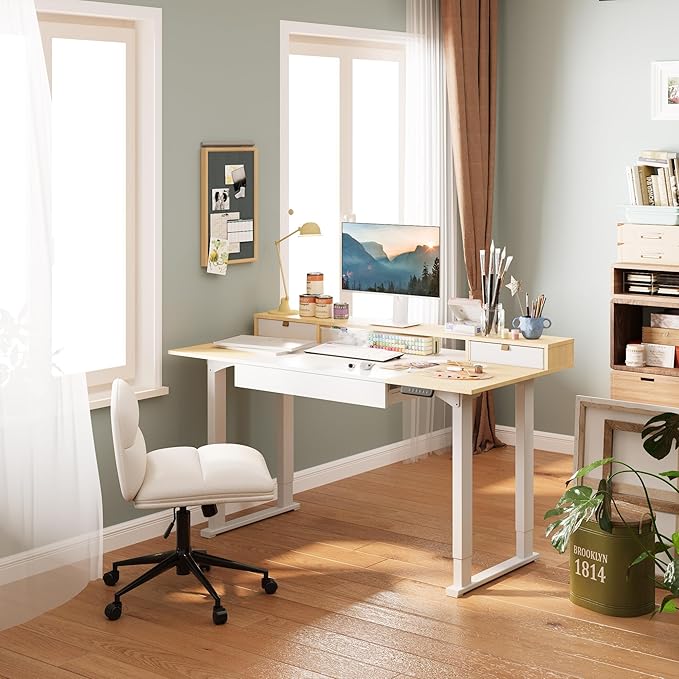 SANODESK Electric Standing Desk with Drawers, 63 x 32 inch Height Adjustable Computer Desk, Home Office Stand Up Desk with 3 Preset Heights, White