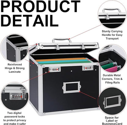 Aluminum Storage File Box with Lock,Portable Locking Storage Totes with Dual Combination Locks for Filing Office Documents