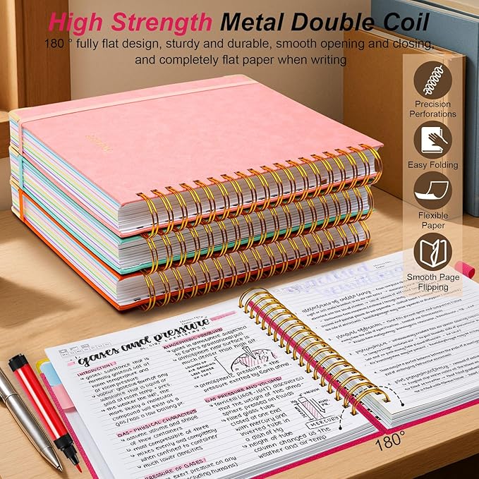 Hardcover Spiral Notebook 8"x10" Journal Notebook with Tabs and Removable Dividers 300 Pages 5 Subject Notebook College Ruled, Faux Leather Spiral Bound Notebook for Women School Work (Rose Red)