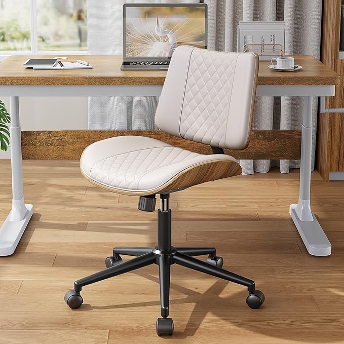 Armless Office Chair, Mid Century Modern Desk Chair with Walnut Wood Back & SGS Level 3 Gas Lift, Swivel PU Leather Computer Chair for Small Space, Home Office, Bedroom, 300lbs Cap, Beige