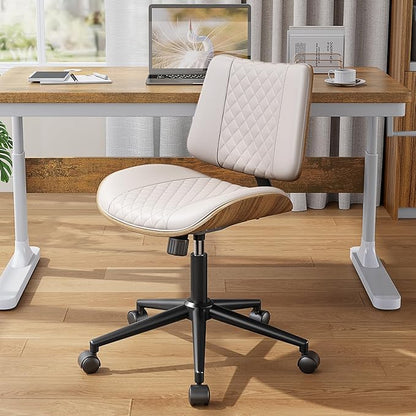 Armless Office Chair, Mid Century Modern Desk Chair with Walnut Wood Back & SGS Level 3 Gas Lift, Swivel PU Leather Computer Chair for Small Space, Home Office, Bedroom, 300lbs Cap, Beige