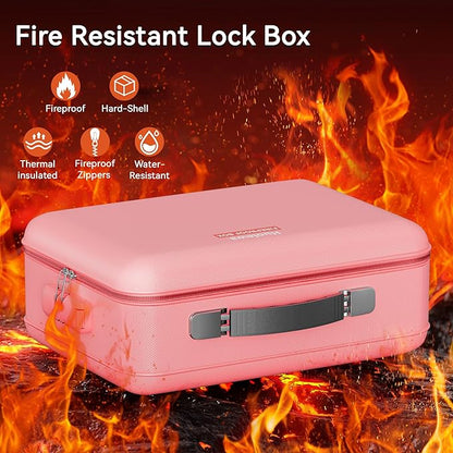 Fireproof Document Box, Hard Case Fireproof Box with Lock, Portable Hard-Shell Fireproof Water Resistant Document Safe for Important Documents, Laptops, Passports, Files and More (Pink)