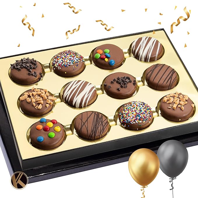 KREMERY Creamy Chocolate Cravings - Birthday Treats, Chocolate Covered Sandwich Cookies & Cream Gift Basket, in Gift Box + Greeting Card (12 Cookies, Assorted Sweet Toppings) Food Assortments USA Made