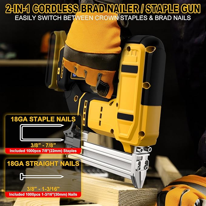 18 Gauge Cordless Brad Nailer & Staple Gun for Dewalt 20V MAX Battery, 2-in-1 Battery Powered Nail Gun with 2000 Nails, Electric Nail Gun for Woodworking, DIY, Framing & Home Improvement (No Battery)