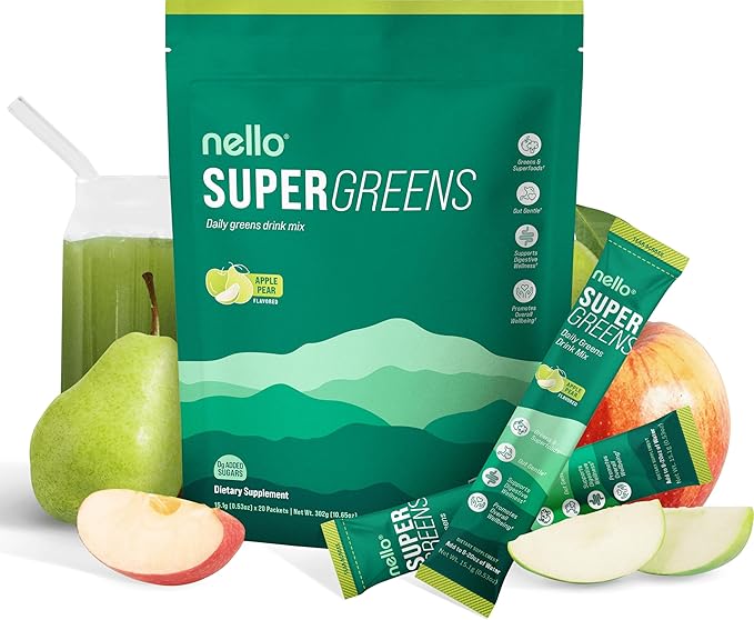 Nello Supergreens Superfood Drink Mix with Chlorella, Moringa, Spinach, Broccoli, Digestive Enzymes, and Probiotics – Apple Pear Flavor, 20 Servings, Travel Pack
