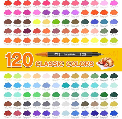 Art Markers Pens Brush Tip - 120 Color Dual Brush Pen and Fine Tip Marker for Coloring Drawing Journaling Lettering - Markers for Adults Kids Coloring Books No Bleeding Art Supplies Set