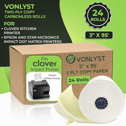 Two Ply Copy Carbonless Rolls 3x95 White/Canary for Clover Kitchen Printer Paper (24 rolls)