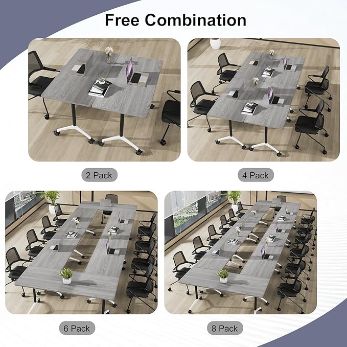 Folding Conference Table,Conference Table with Wheels,Large Flip-Top Training Table,Freely Combinations,Easy to Move for Offices, Schools,Training Rooms（4,Gray,55in
