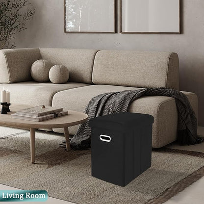 Tall Ottoman with Storage, Faux Leather Collapsible Slim Folding Ottoman Furniture with Handles Lid for Room Footrest Foot Stool, Black 16.5x16.5x11.8in