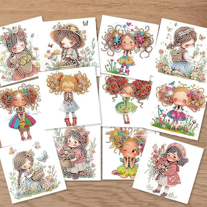 jinglinhh 12pcs Diamond Art Painting Little Girl Flower Bushes Greeting Cards with Envelopes, DIY Card Making Kits for Adults, Diamond Art Christmas Cards for Birthday Holiday Postcards Craft Gifts