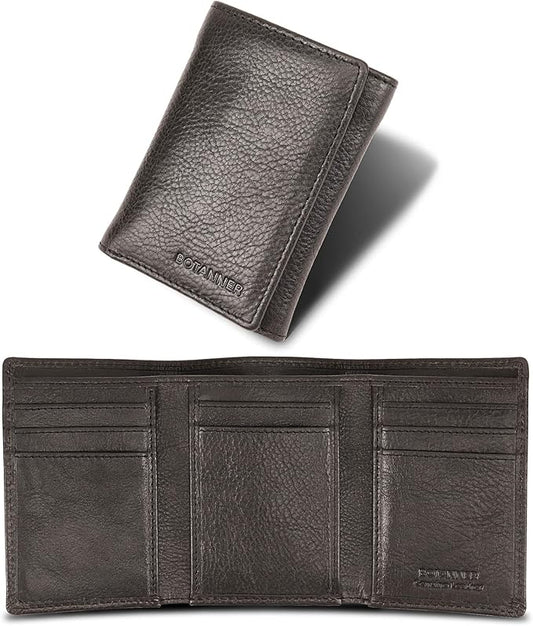 Genuine Leather Mens Trifold Wallet RFID Blocking 8 Credit Card Slots Section for Bills 3 Hidden Pockets | Black