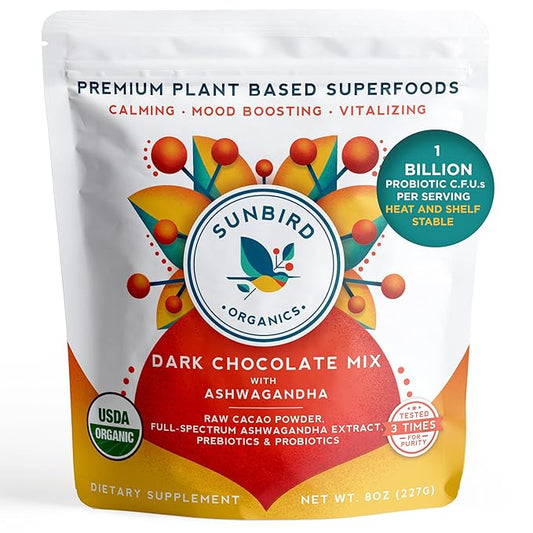 Chocolate Powder with Organic Ashwagandha Root Extract, Cacao Powder, Probiotics & Prebiotic Fiber. Smoothie Mix and Healthy Hot Chocolate. Everyday Bliss with Focus, Calm & Stress Support.