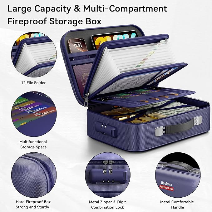 Fireproof Document Box, Hard Case Fireproof Box with Lock, Portable Hard-Shell Fireproof Water Resistant Document Safe for Important Documents, Laptops, Passports, Files and More (Blue)