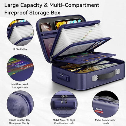 Fireproof Document Box, Hard Case Fireproof Box with Lock, Portable Hard-Shell Fireproof Water Resistant Document Safe for Important Documents, Laptops, Passports, Files and More (Blue)