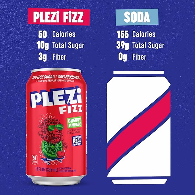 PLEZi FiZZ Cherry Limeade Sparkling Juice - Healthy Soda Alternative with Real Fruit Juice, No Added Sugar - Low Sugar Sparkling Drink - Good Source of Fiber, 12 Fl Oz (12 Pack)