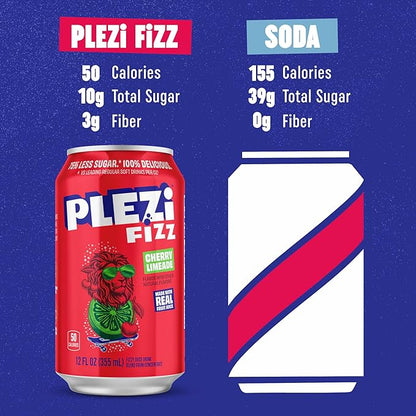 PLEZi FiZZ Cherry Limeade Sparkling Juice - Healthy Soda Alternative with Real Fruit Juice, No Added Sugar - Low Sugar Sparkling Drink - Good Source of Fiber, 12 Fl Oz (12 Pack)