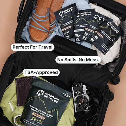 Nutrition On The Go Whey Protein Isolate Packets with Creatine – 25g Protein + 5g Creatine – Single-Serve Travel Protein Powder – Chocolate (15-Pack)
