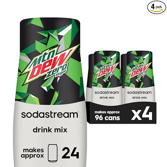 SodaStream - Mountain Dew Zero Sugar Drink Mix | For Sparkling Water Makers | Sugar-Free, 0 Calories | Caffeine: 48mg/12oz | Makes 96 Servings | 14.9 Fl Oz, Pack of 4