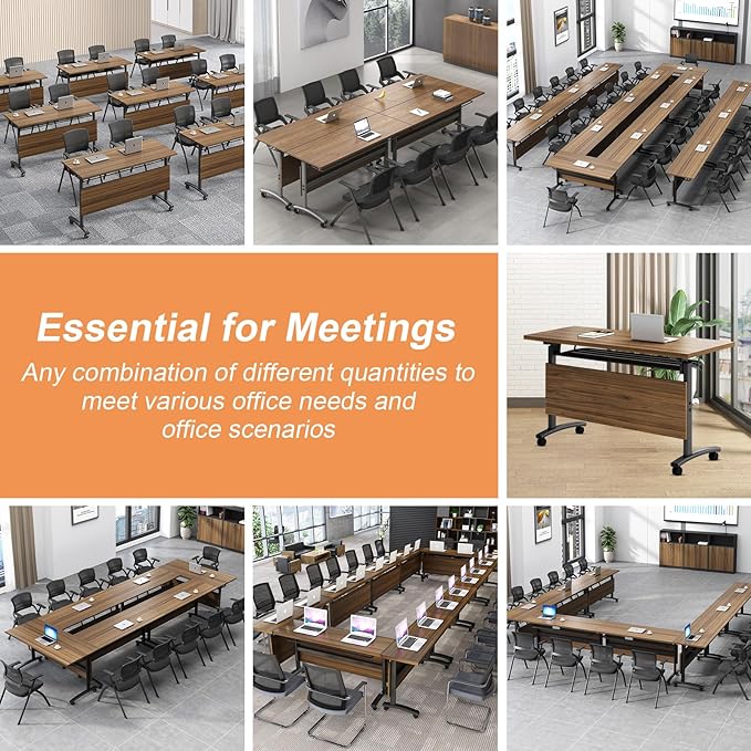Conference Room Table, 55 Inch Folding Conference Tables with Wheels, Modern Office Meeting Table, Easy Flip & Nest Design, Rectangular Seminar Tables with Metal Frame for 2-24 People(D 8PCS)