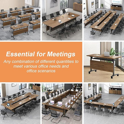 Conference Room Table, 55 Inch Folding Conference Tables with Wheels, Modern Office Meeting Table, Easy Flip & Nest Design, Rectangular Seminar Tables with Metal Frame for 2-24 People(D 10PCS)