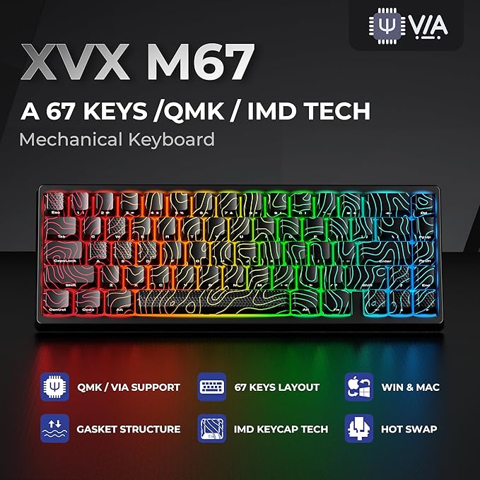 XVX M67 60% Keyboard with IMD Keycaps, QMK/VIA Topographic Gaming Keyboard, Wired Mechanical Key Board, RGB Custom Gasket Hot Swappable, for Windows & Mac, Interstellar Black