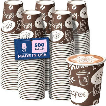 Fit Meal Prep 8 oz Coffee Cups 500 Count, Leak-Proof Hot Cup, Disposable Paper Coffee Cup Bulk for Hot/Cold Beverage, Durable Thickened Paper Cups for Party, Office, Bussines, Home, Bistros