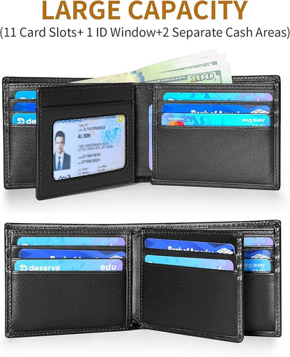 Genuine Leather Mens Wallet, RFID Blocking Bifold Wallet for Men with ID Window, 11 Credit Card Slots (Black)