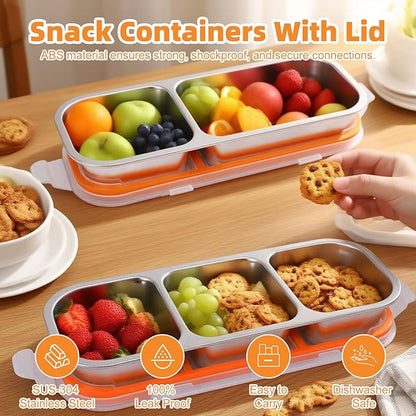 Stainless Steel Snack Containers with Lids, Reusable Condiment Storage Box, Divided Food Storage for School, Home, Travel, Multiple Compartment Leak-Proof Box (‎2 Compartment)
