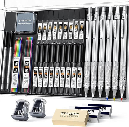 35Pcs Art Mechanical Pencil Set with Case, 0.5 0.7 0.9 2.0 Graphite Metal Drawing Drafting Pencils, Sharpener Erasers 384PCS Lead Refills (6B 4B 2B HB 2H 4H Colors)Pencils for Writing Sketching,Silver