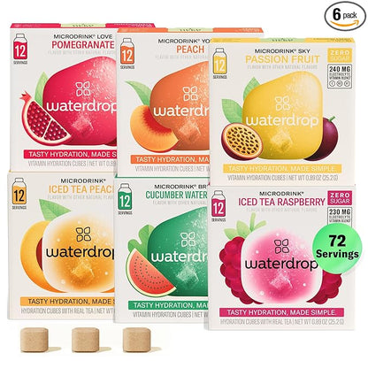Waterdrop Hydration Cubes With Vitamin C, B Vitamins and Electrolytes, 6 Flavor Electrolyte Variety Pack, Flavored Water Enhancer Cubes for Still & Sparkling Water, Low Calorie, Sugar Free, 72 Count