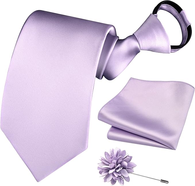 Branduce 3.15"（8cm） Pre-tied Adjustable Zipper Tie and Lapel Pin Solid Necktie Handkerchief Set for Men