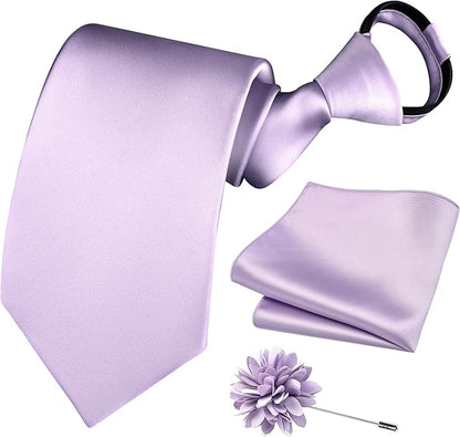 Branduce 3.15"（8cm） Pre-tied Adjustable Zipper Tie and Lapel Pin Solid Necktie Handkerchief Set for Men