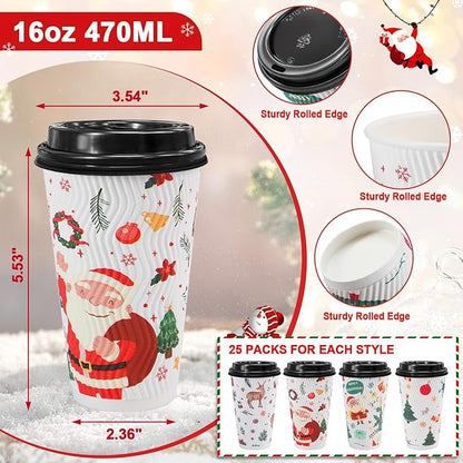 100 Pack Christmas Coffee Cups with Lids 16oz, Disposable Insulated Ripple Wall To Go Paper Coffee Cups for Hot/Cold Drinks Office Home Shop Event (Colorful)