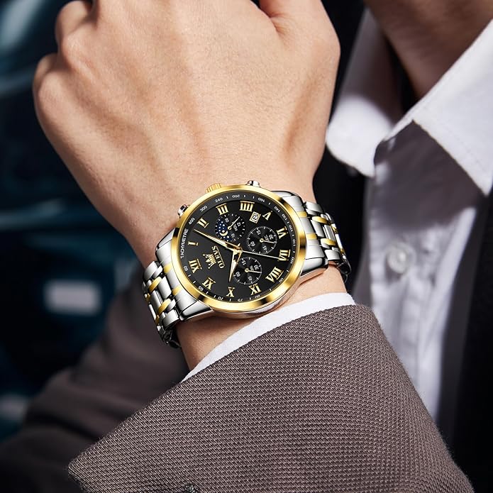 OLEVS Mens Stainless Steel Chronograph Watch, Big Face Roman Numerals Date Analog Quartz Dress Watches for Men, Fashion Multifunctional Waterproof Luminous Hands Men's Wristwatch