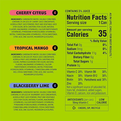 Popwell Variety Pack Better-For-You Prebiotic Soda, with 6g Fiber, 1g Sugar, Vitamins and Immunity Support, 12 fl oz, 12 count (Blackberry Lime, Cherry Citrus, Tropical Mango)