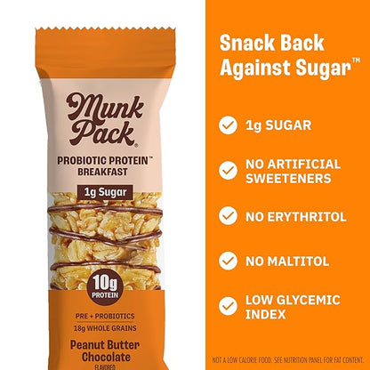 Munk Pack Peanut Butter Probiotic Protein Bars Stocking Stuffers | 10g Plant Protein, 1g Sugar, 6g Fiber | Diabetic-Friendly Ideal Breakfast Bars - On-the-Go Snacks, Gluten-Free, Non-GMO | 12 Count