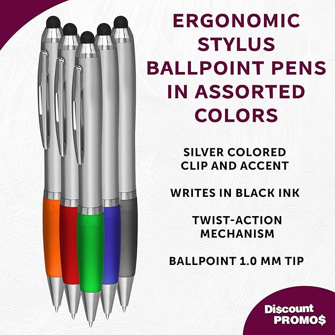 DISCOUNT PROMOS 10 Stylus Ballpoint Pens in Assorted Colors Pack - Two in One, Ergonomic, Black Ink - Assorted