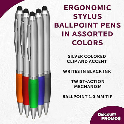 DISCOUNT PROMOS 10 Stylus Ballpoint Pens in Assorted Colors Pack - Two in One, Ergonomic, Black Ink - Assorted