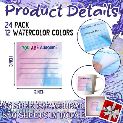 Yinder 24 Pcs Inspirational Sticky Notes Christmas Stocking Stuffers Motivational Sticky Notes Pad Employee Appreciation Gift Bulk for Teacher Nurse Coworker Office 3 x 3'' (Appreciation,Watercolor)