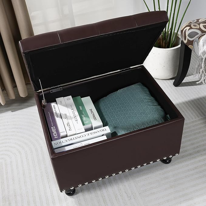Adeco 23" Faux Leather Storage Ottoman Bench, Dark Brown Rectangular Ottoman Bench