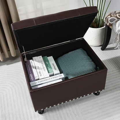 Adeco 23" Faux Leather Storage Ottoman Bench, Dark Brown Rectangular Ottoman Bench