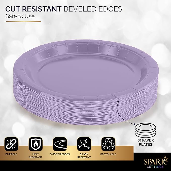Lavender 6 3/4 Inches Paper Dessert Plates, Strong and Sturdy Disposable Plates for Party, Dinner, Holiday, Picnic, or Travel, Pack of 50