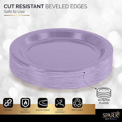 Lavender 6 3/4 Inches Paper Dessert Plates, Strong and Sturdy Disposable Plates for Party, Dinner, Holiday, Picnic, or Travel, Pack of 50
