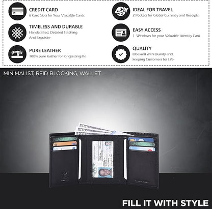 Real Leather Mens Trifold Wallet RFID Blocking Slim Minimalist Front Pocket - Thin & Stylish with ID Window in Gift Box
