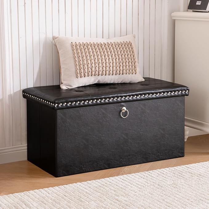 Folding Storage Ottoman Bench 30in, Leather Foot Rest Stools Ottoman with Storage, Coffee Table, End of Bed Bench Footstool for Living Room, Bedroom, Load 330 lb, 30x15x15 inches, Black