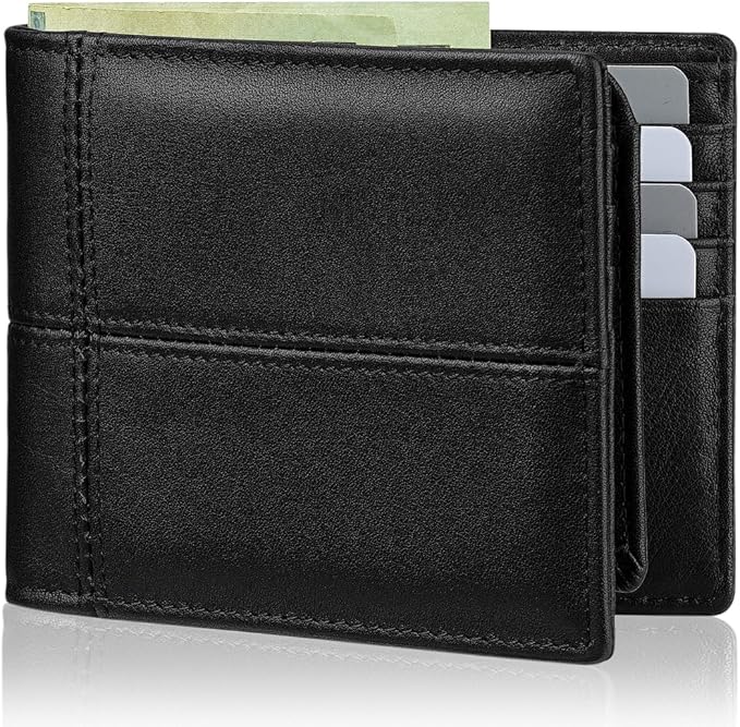 Mens Wallet Bifold Genuine Leather RFID Blocking Wallet for Men with 2 ID Windows 12 Card Holders 2 cash pockets 1 Gift Box