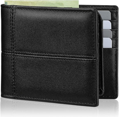 Mens Wallet Bifold Genuine Leather RFID Blocking Wallet for Men with 2 ID Windows 12 Card Holders 2 cash pockets 1 Gift Box